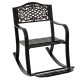 Brown patio rocking chair with floral backrest, ergonomic seat, and footrest, perfect for backyard relaxation.
