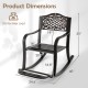 Patio rocking chair dimensions with floral backrest, made of brown cast aluminum, suitable for backyard and porch use.