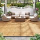 Acacia wood patio tiles in a natural finish, showcasing interlocking design for outdoor spaces like decks and patios.
