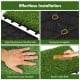 Interlocking artificial grass tiles showing installation steps, featuring lush synthetic grass for indoor and outdoor.