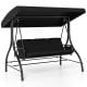 Black 3-piece patio swing with adjustable canopy and removable cushions, perfect for backyard relaxation.