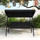 Black patio swing with A-shaped metal stand and adjustable canopy, ideal for garden relaxation and accommodating three.