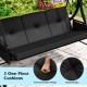 Three removable black cushions with tufted design on a patio swing, ideal for backyard relaxation and comfort.