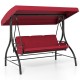 Burgundy 3-piece patio swing with adjustable canopy and removable cushions, perfect for backyard relaxation.