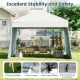 Pop up canopy tent with slanted legs, two sidewalls, and sturdy stakes for outdoor events and sun protection.
