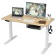 Electric height adjustable desk with natural wood finish, USB port, and control panel for ergonomic workspace setup.
