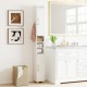 Narrow white bathroom storage cabinet with open shelves, closed cabinets, and golden handles for efficient organization.