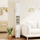 Narrow white bathroom storage cabinet with open shelves, gold handles, and toilet paper holder for efficient space use.