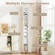 Narrow bathroom storage cabinet in white with open shelves, enclosed cabinets, and toilet paper holder for efficient.