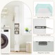 Narrow white bathroom storage cabinet with open shelves, closed cabinets, and gold handles for efficient organization.