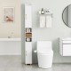 Narrow bathroom storage cabinet in white with open shelves, closed cabinets, and gold handles for efficient.
