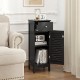 Narrow black bathroom storage cabinet featuring a drawer, adjustable shelf, and louvered door for space-saving organization.