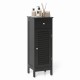 Narrow black bathroom storage cabinet showcases a spacious top for essentials, a stylish design, and a louvered door for ventilation.