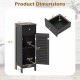 Narrow black bathroom storage cabinet with adjustable shelf, drawer, and louvered door for efficient space-saving organization.