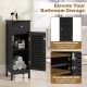 Narrow black bathroom storage cabinet with adjustable shelf, deep drawer, and louvered door for efficient organization.