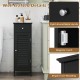 Narrow black bathroom storage cabinet features a louvered door, adjustable shelf, and stylish round metal handle for organization.