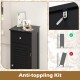 Narrow black bathroom storage cabinet features an adjustable shelf, deep drawer, and anti-tipping kit for safety.