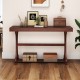 Narrow vintage console table with open storage shelf in walnut, featuring curved legs, ideal for entryways and living.
