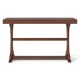 Narrow walnut console table with open storage shelf and vintage curved legs, ideal for entryways and living rooms.
