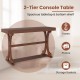 Narrow 2-tier console table in walnut with spacious top and bottom shelf, perfect for vases and photos in entryways.