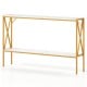 Narrow console table with white faux marble top and gold X-shaped frame, ideal for entryways and small spaces.