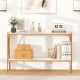 Narrow 2-tier console table with white faux marble top, ideal for entryways or small spaces, featuring gold frame.