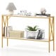 Narrow 2-tier console table with white faux marble top and gold X-shaped frame, ideal for entryways or small spaces.