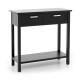 Narrow black console table with two drawers and open storage shelf, ideal for foyer or living room organization.