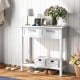 Narrow white console table with drawers and open storage shelf, perfect for entryway or living room organization.