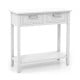Narrow white console table with two drawers and open storage shelf, ideal for foyer or living room decor.