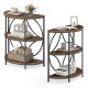 Narrow side table with rustic brown shelves and sturdy metal frame, ideal for living room or bedroom storage.
