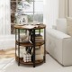 Narrow side table with rustic brown wood-like surface and metal frame, featuring storage shelves for versatile use.