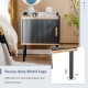 Gray nightstand with door cabinet, featuring heavy-duty metal legs and adjustable foot pads for stability and floor.