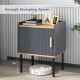 Gray nightstand with a single door cabinet, featuring a wide tabletop and stable metal legs for living room or bedroom.