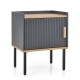 Gray nightstand with a single door cabinet and wooden handle, perfect for bedroom or living room storage.