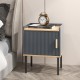 Gray nightstand with a single door cabinet, wooden handle, and metal legs, perfect for bedroom or living room use.
