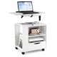 Height-adjustable white nightstand with swivel laptop tray, charging station, and LED lights for versatile use.