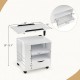 Height-adjustable white nightstand with swivel laptop tray, USB ports, and LED lights, ideal for modern bedrooms.