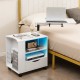 White nightstand with swivel laptop tray, LED lights, USB ports, and adjustable height for versatile bedroom use.