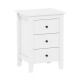 White nightstand with three sliding drawers and black handles, perfect for modern bedroom storage and decor.