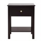 Brown nightstand end table with drawer and shelf, featuring a compact design for bedroom or living room use.
