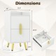 Modern white nightstand with two drawers, USB ports, and dimensions for versatile bedside or side table use.
