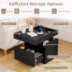 Black nightstand with charging station, featuring sliding top storage, hidden drawer, and three open compartments for.