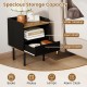 Black nightstand with wide tabletop, open shelf, and large drawer, perfect for bedside storage and organization.