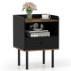 Black nightstand with drawer and open shelf, featuring raised edges and metal legs, ideal for bedside or sofa side use.