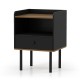 Black nightstand with drawer and open shelf, featuring metal legs and a chic design for versatile storage solutions.
