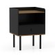 Black nightstand with drawer and open shelf, featuring metal legs and raised edges for stylish storage solutions.