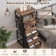 Nightstand with integrated charging station, featuring 5 fabric drawers and a spacious top for versatile storage and.