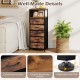 Nightstand with five fabric drawers, wood-like surface, and integrated charging station for versatile bedroom storage.