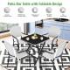 Folding square dining table with aluminum frame and tempered glass top, perfect for patio or garden use.